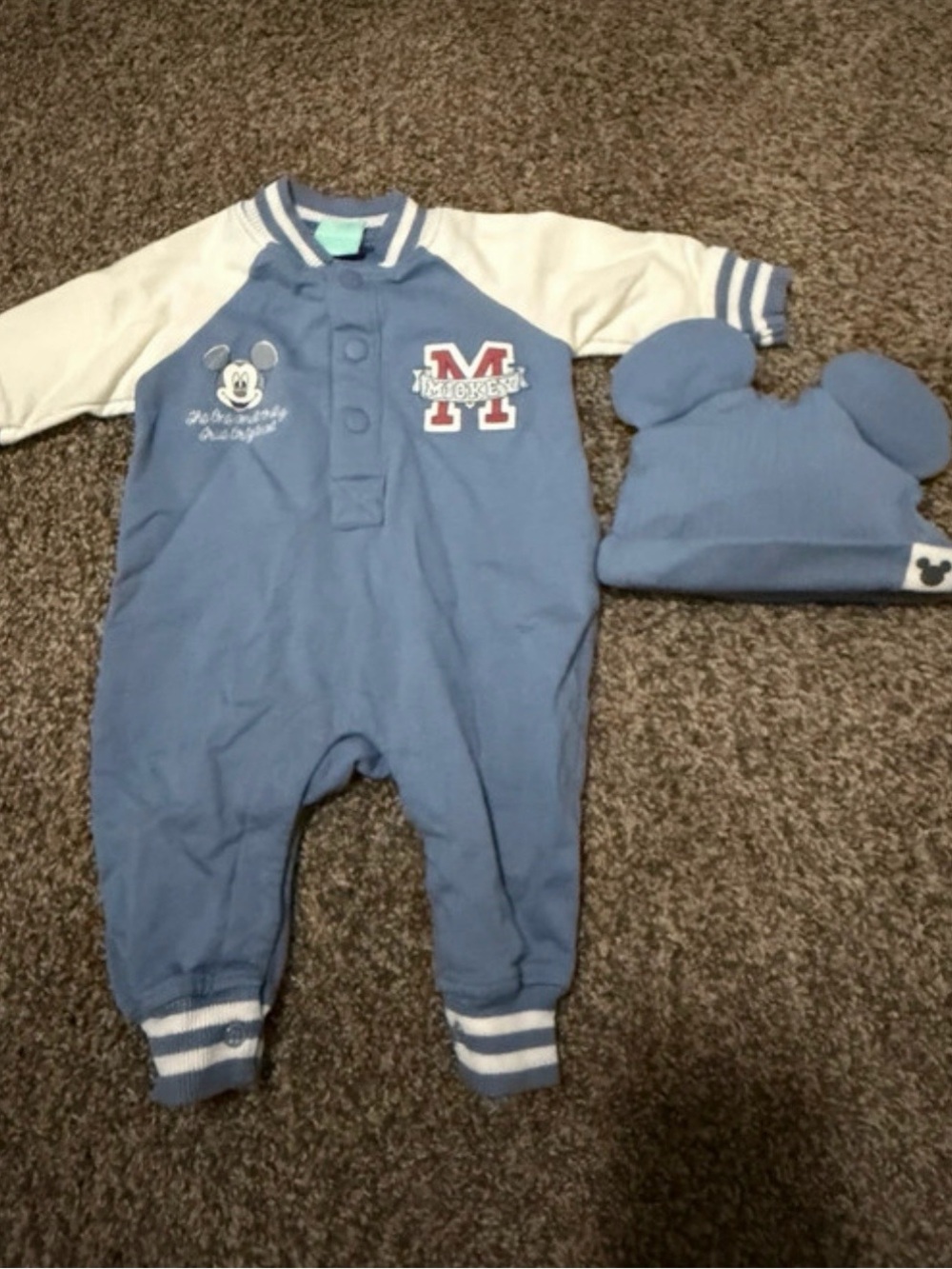 Disney Blue and White Mickey Mouse Footed One-Piece with Hat